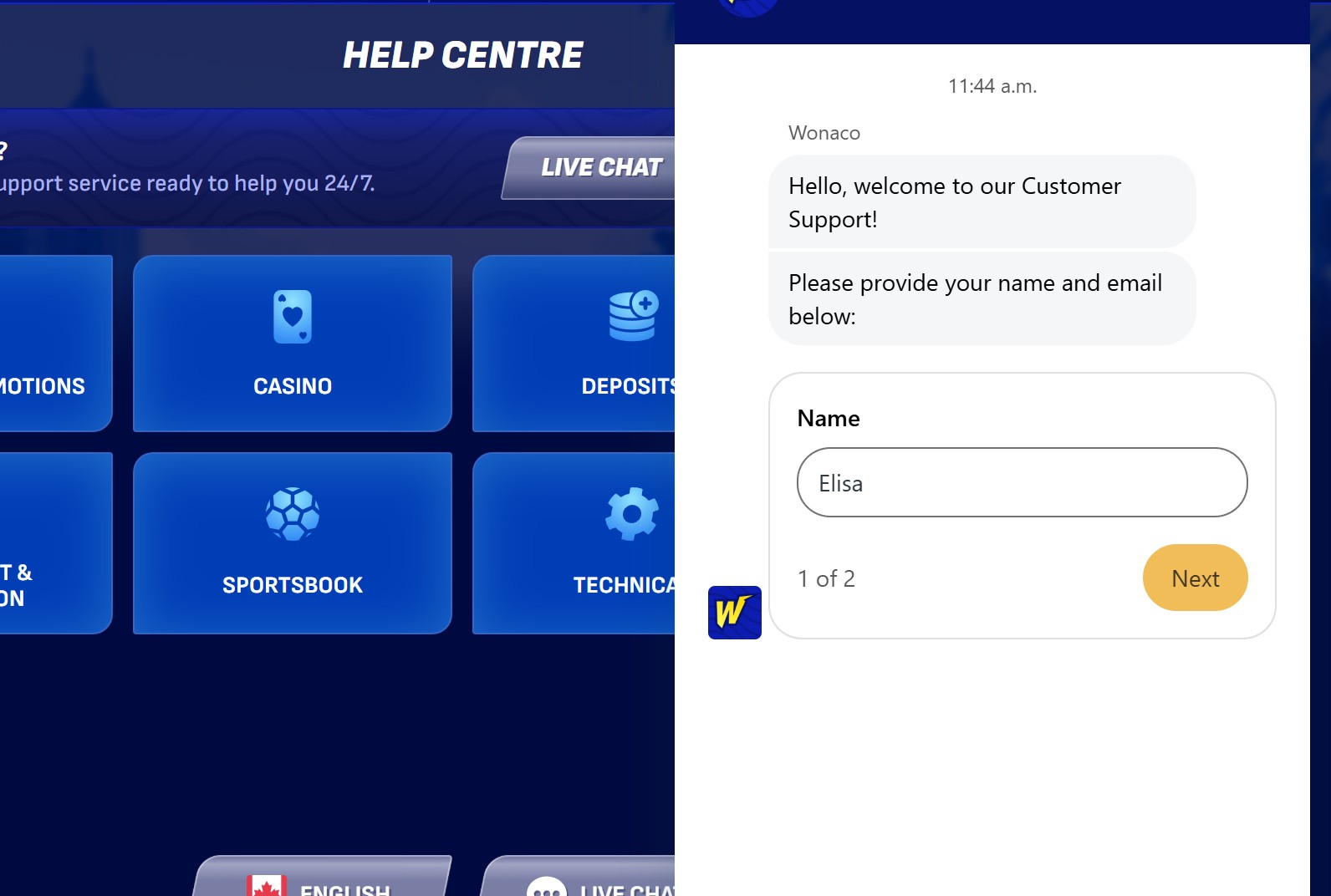 Wonaco Casino support